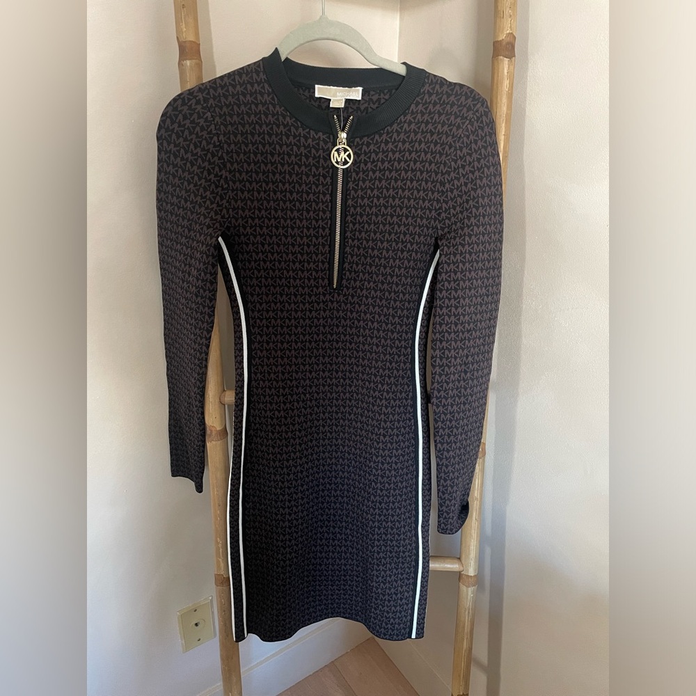 Michael Kors Black and White Patterned Long Sleeve Dress